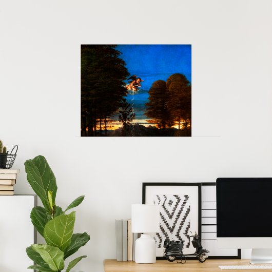 Putto in Blue Sky Pours a Cascade of White Flowers Poster (Thuiskantoor)