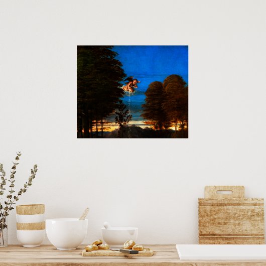 Putto in Blue Sky Pours a Cascade of White Flowers Poster (Keuken)