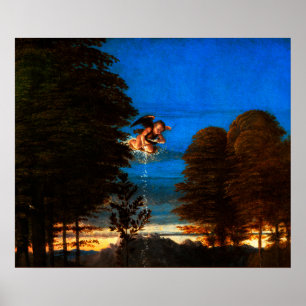 Putto in Blue Sky Pours a Cascade of White Flowers Poster