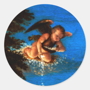 Putto in Blue Sky Pours a Cascade of White Flowers Ronde Sticker