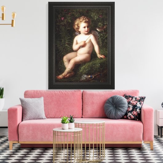 Putto's die een aardbei voeden met een vogel canvas afdruk (Insitu (Woonkamer))
