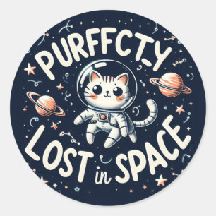 Puur verloren in het Schattigee astronaut Kat van  Ronde Sticker