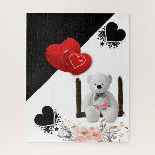 Puzles Floral White Teddy Bear Red Hearts Legpuzzel