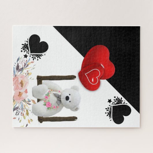 Puzles Floral White Teddy Bear Red Hearts Legpuzzel (Horizontaal)
