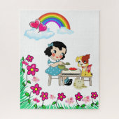 Puzles  Girl Dog Cat Floral Rainbow Legpuzzel (Verticaal)