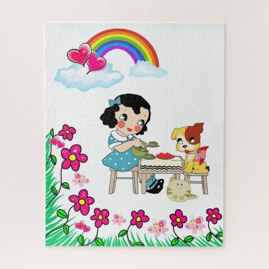 Puzles  Girl Dog Cat Floral Rainbow Legpuzzel (Verticaal)
