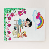 Puzles  Girl Dog Cat Floral Rainbow Legpuzzel (Horizontaal)