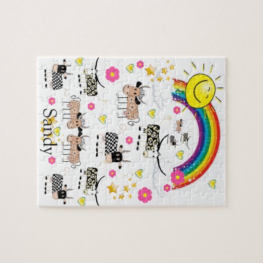 Puzles Koe Sun Clouds Rainbow Floral Legpuzzel (Horizontaal)