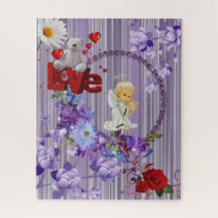 Puzles Paarse Floral Red Rose Angel Teddy Bear Legpuzzel