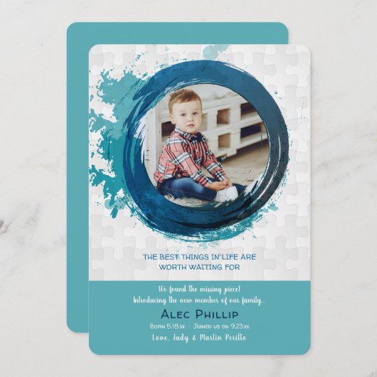 Puzles Piecks Blue Photo Adoption Announge Kaart (Voorkant / Achterkant)