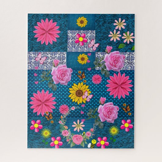 Puzles roze roze roze Floral Blue Butterfly Legpuzzel (Verticaal)