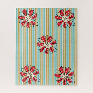 Puzles Stripe Red Gold Flowers Floral Legpuzzel