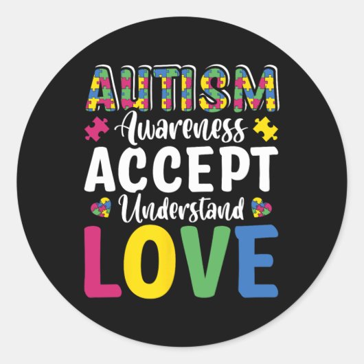 Puzzel Autisme Bewustzijn Accepteer Begrijp Liefde Ronde Sticker (Voorkant)