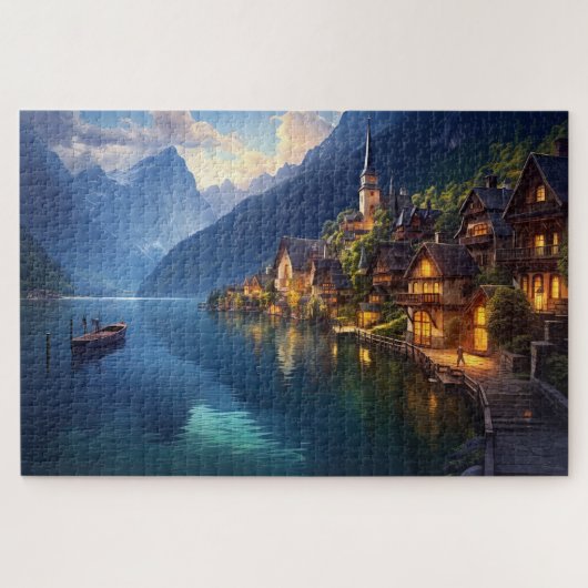 Puzzel met charmant dorpje in Alpen, Europa. (Horizontaal)
