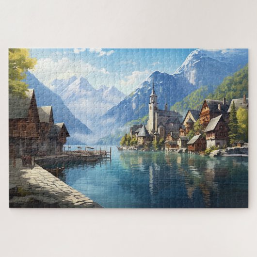 Puzzel met charmant dorpje in Alpen, Europa. (Horizontaal)