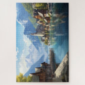 Puzzel met charmant dorpje in Alpen, Europa. (Verticaal)