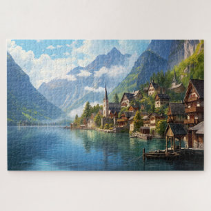Puzzel met charmant dorpje in Alpen, Europa. Legpuzzel