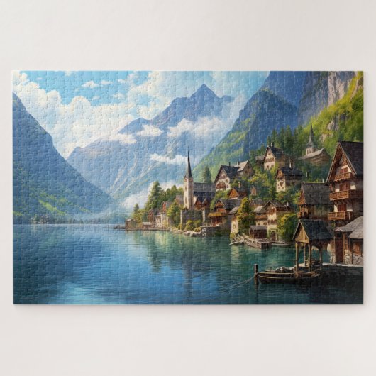 Puzzel met charmant dorpje in Alpen, Europa. Legpuzzel (Horizontaal)