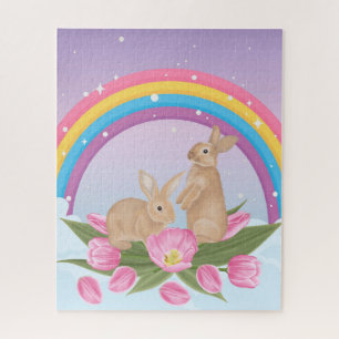 puzzel van bunnies onder regenboog met sterren legpuzzel