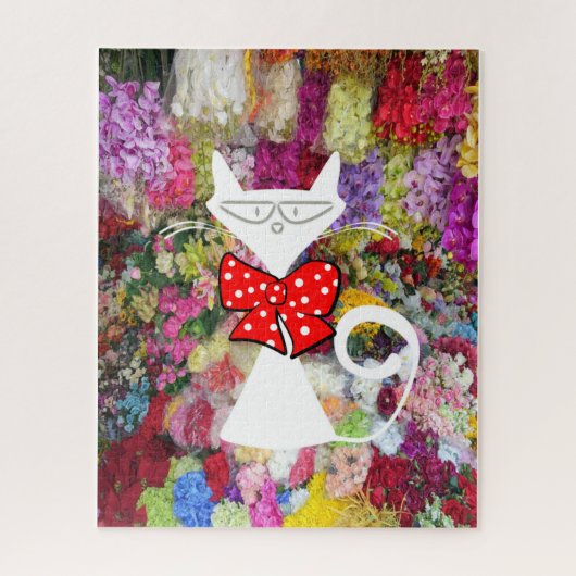 Puzzels Floral White Cat Red Bow Stropdas (Verticaal)