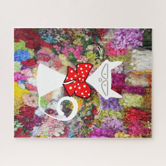 Puzzels Floral White Cat Red Bow Stropdas (Horizontaal)
