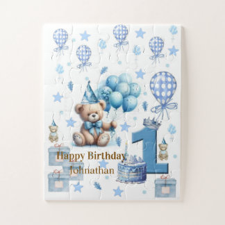 Puzzels Gelukkige 1e Verjaardag Teddibeer Blauw