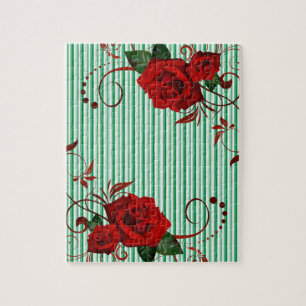 Puzzels Green White Stripe Red Rose