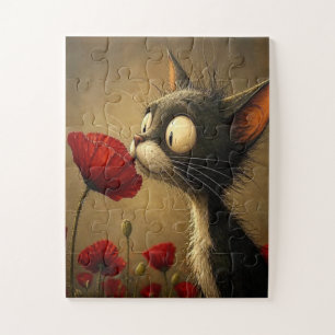 Puzzels Mooie Zwarte Kat Rode Bloem Bloemstuk
