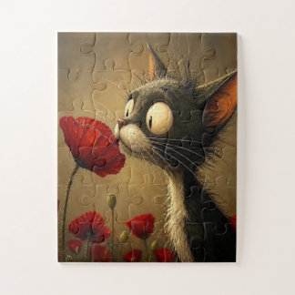 Puzzels Mooie Zwarte Kat Rode Bloem Bloemstuk