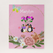 Puzzels Pink Floral Monogram Penguin (Verticaal)