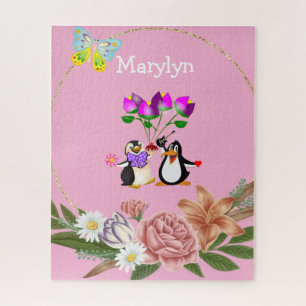 Puzzels Pink Floral Monogram Penguin