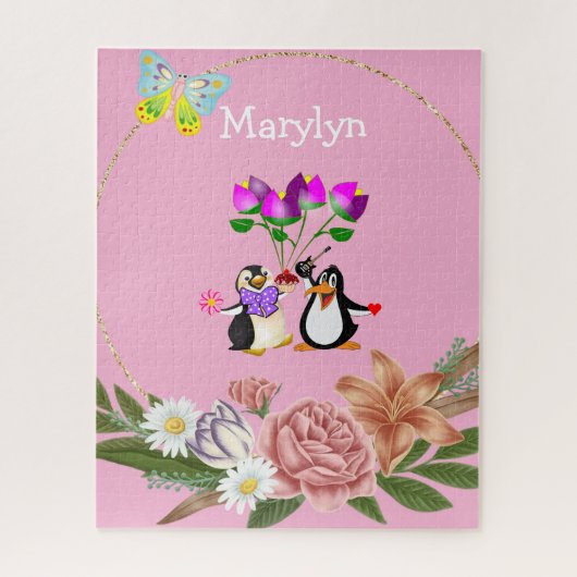 Puzzels Roze Bloemige Monogram Pinguïn (Verticaal)