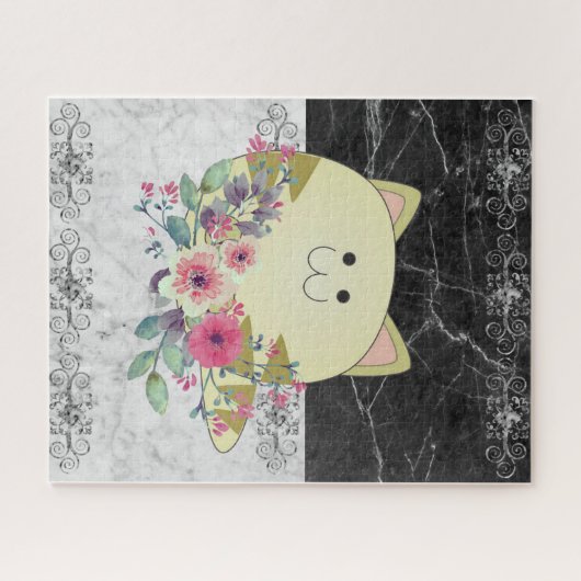 Puzzels Roze kartonnen kat zwart-wit marmer (Horizontaal)