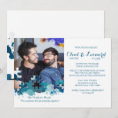 Puzzelstukjes blauwe foto bruiloft uitnodiging (Voorkant / Achterkant)