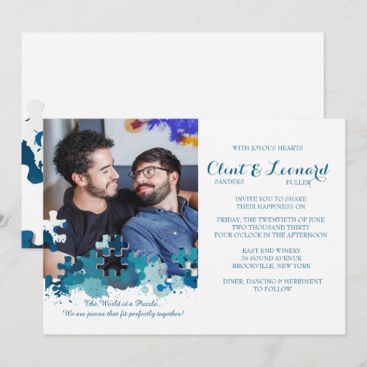 Puzzelstukjes blauwe foto bruiloft uitnodiging (Voorkant / Achterkant)