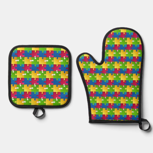 Puzzelstukken Ontwerp Oven Mitt & Pot Houder Set (Voorkant)