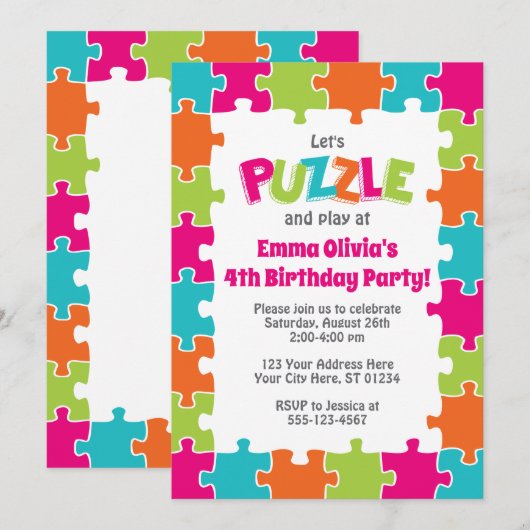 Puzzle Birthday Invitation | Puzzle Party Kaart (Voorkant / Achterkant)
