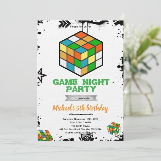 Puzzle Cube Game Party Invitation Kaart (Staand voorkant)
