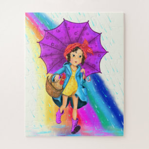 Puzzle met Boerderij Girl met Umbrella en Rooster Legpuzzel