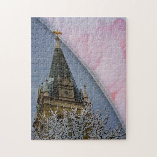 Puzzle met Gift Box/Church Steeple met roze Rose Legpuzzel (Verticaal)