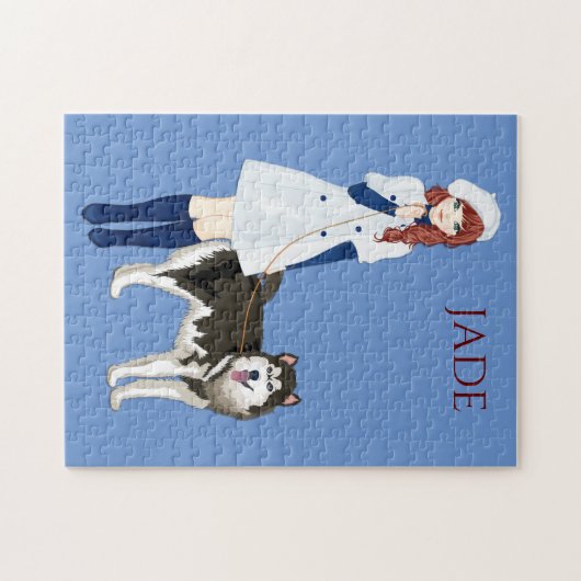 Puzzle met meisje dat een husky hond loopt. Aangep Legpuzzel (Horizontaal)