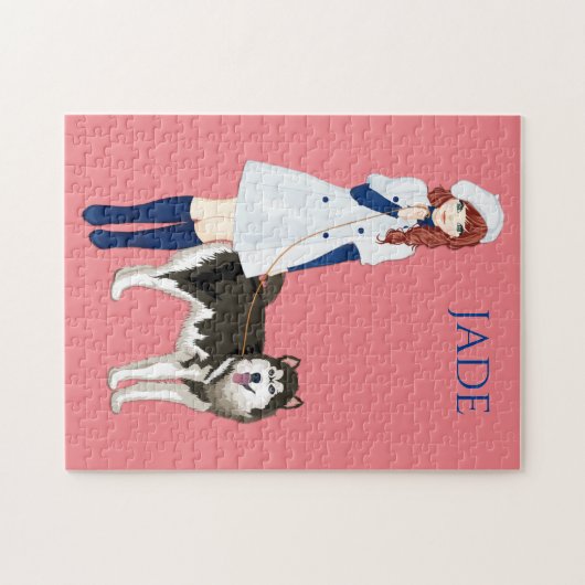 Puzzle met meisje dat een husky hond loopt. Aangep Legpuzzel (Horizontaal)