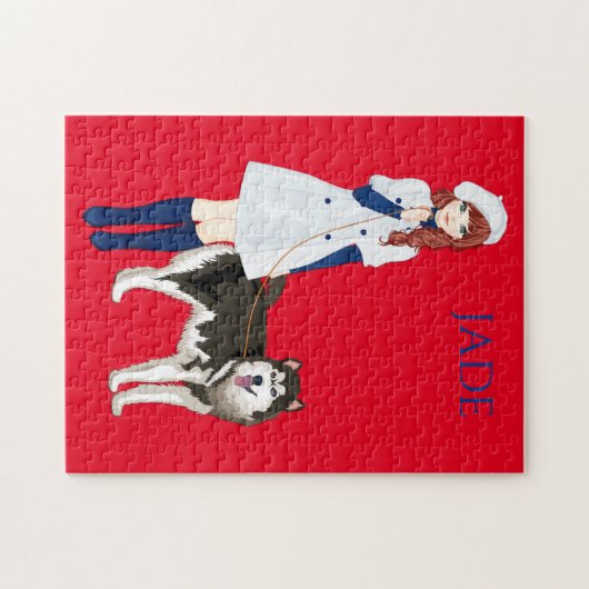 Puzzle met meisje dat een husky hond loopt. Aangep Legpuzzel (Horizontaal)