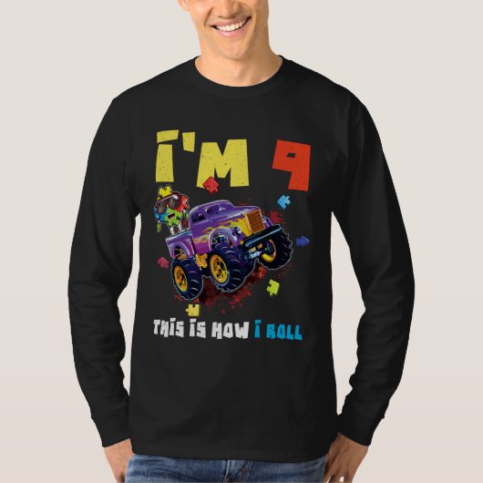 Puzzle Monster Truck Age 9 Born Autism Awareness T-shirt (Voorkant)