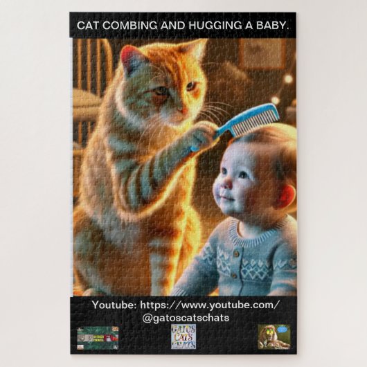 PUZZLE OF A CAT COMBING AND HUGGING A BABY. LEGPUZZEL (Verticaal)