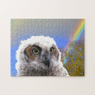 Puzzle - Owl met regenboogachtergrond Legpuzzel