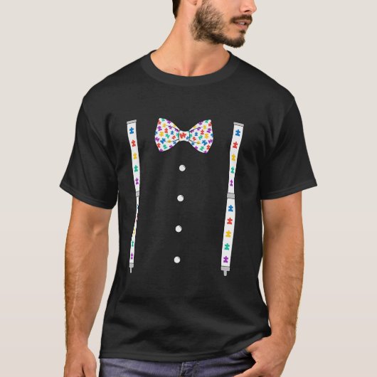 Puzzle Piece Bow Stropdas Suspenders Autisme Aware T-shirt (Voorkant)