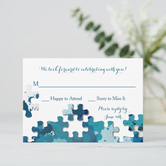 Puzzle Pieces Blue-reactiekaart RSVP Kaartje (Staand voorkant)