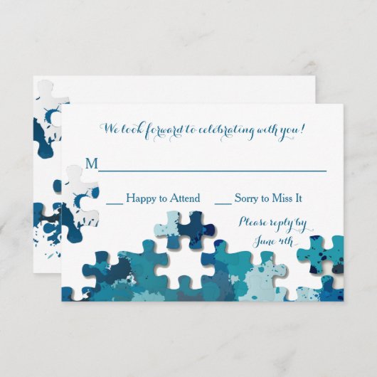 Puzzle Pieces Blue-reactiekaart RSVP Kaartje (Voorkant / Achterkant)