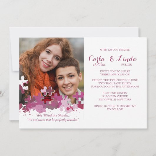 Puzzle Piecets Foto Weddenschap Roze uitnodiging (Voorkant)
